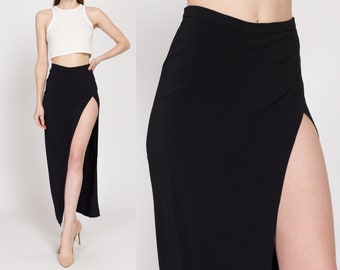 XS 90s Moschino Couture Black High Thigh Slit Maxi Skirt 25.5" | Vintage Designer High Waisted Sexy Fitted Pencil Skirt