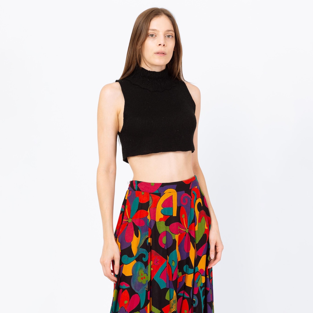 Vintage 70s Black Knit Sleeveless Crop Top - Small | Dickey Turtleneck ...