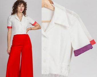 XS-Sm 70s Polka Dot Trim Crop Tops | Vintage White Short Sleeve Retro Collared Cropped Shirt