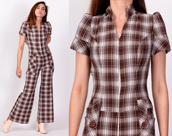 70s Plaid Flared Leg Jumpsuit Petite XS | Retro Vintage Collared Bell Bottom Zip Up Outfit