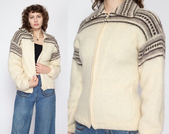 Medium 70s Icelandic Wool Sweater Jacket | Vintage Cream Striped Zip Up Winter Jacket
