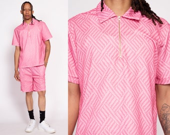 Large Pink Polo & Shorts Set Men's | Geometric Print Zip Up Shirt Matching Outfit