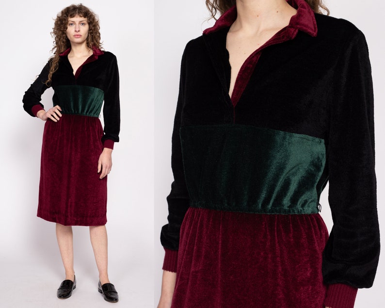 70s Jewel Tone Velour Midi Shirtdress Medium to Large Vintage Color Block Long Sleeve Collared Dress image 1