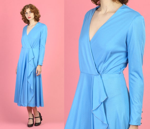 70s Blue Wrap Midi Dress - Medium | Vintage V Neck