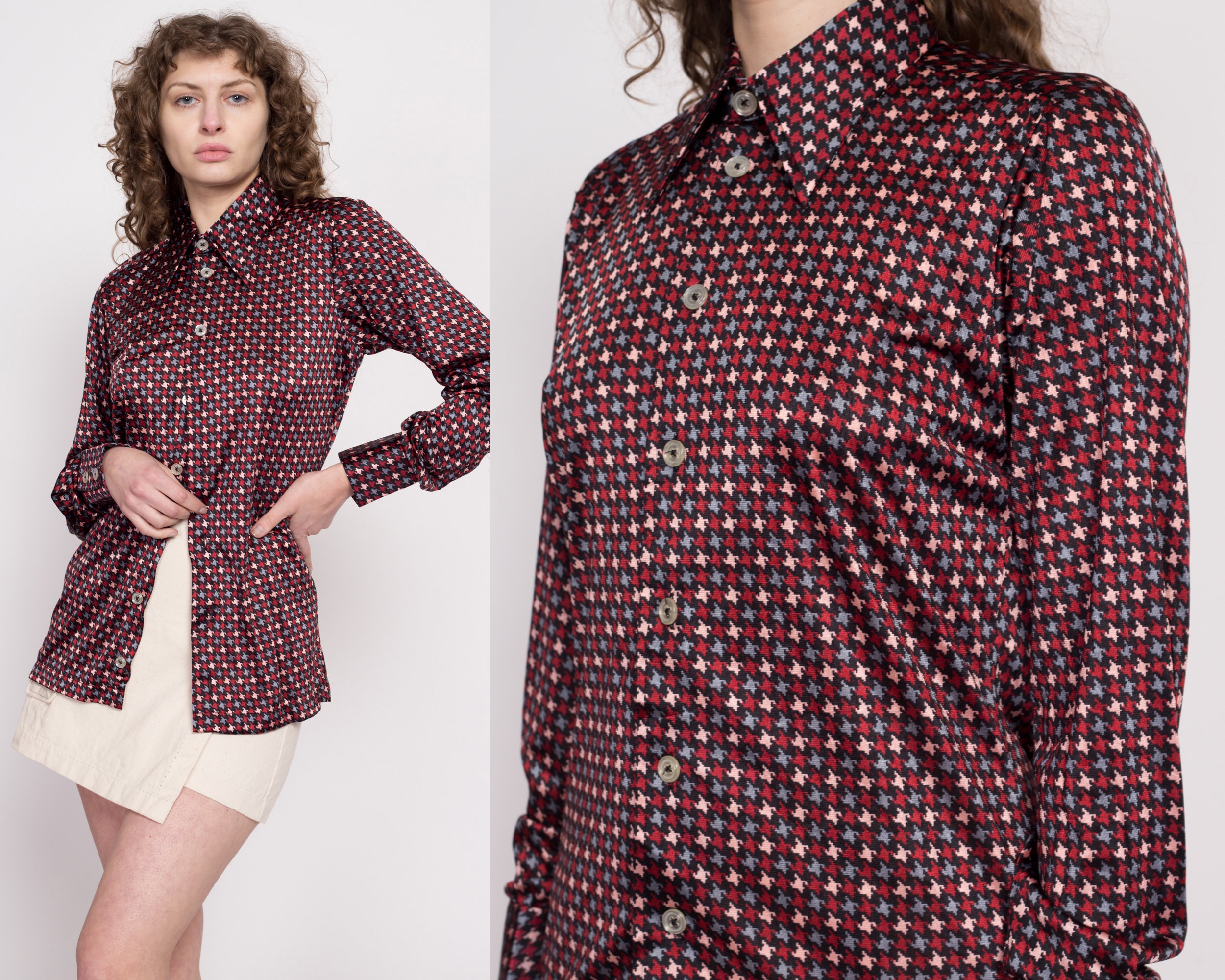 70s Givenchy for Chesa Satin Houndstooth Shirt Men's Medium