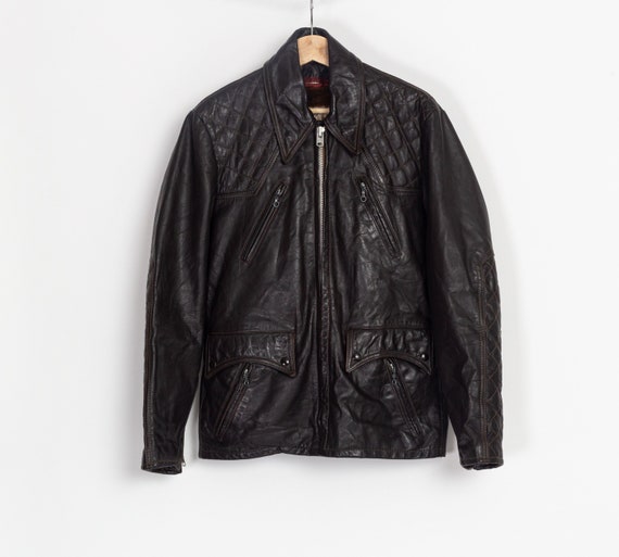 Medium 60s Cycle Rider Brown Quilted Leather Coat… - image 1