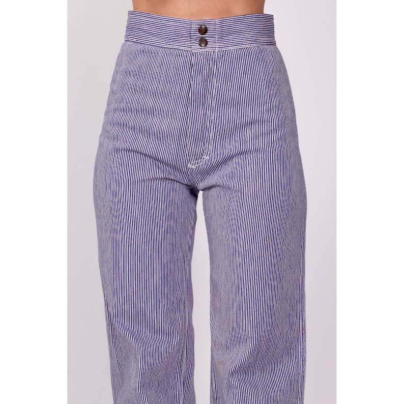 70s Blue & White Pinstriped Pants Extra Small, 23.5 Vintage High Waisted Flares Moody's Goose Retro Hippie Trousers image 6