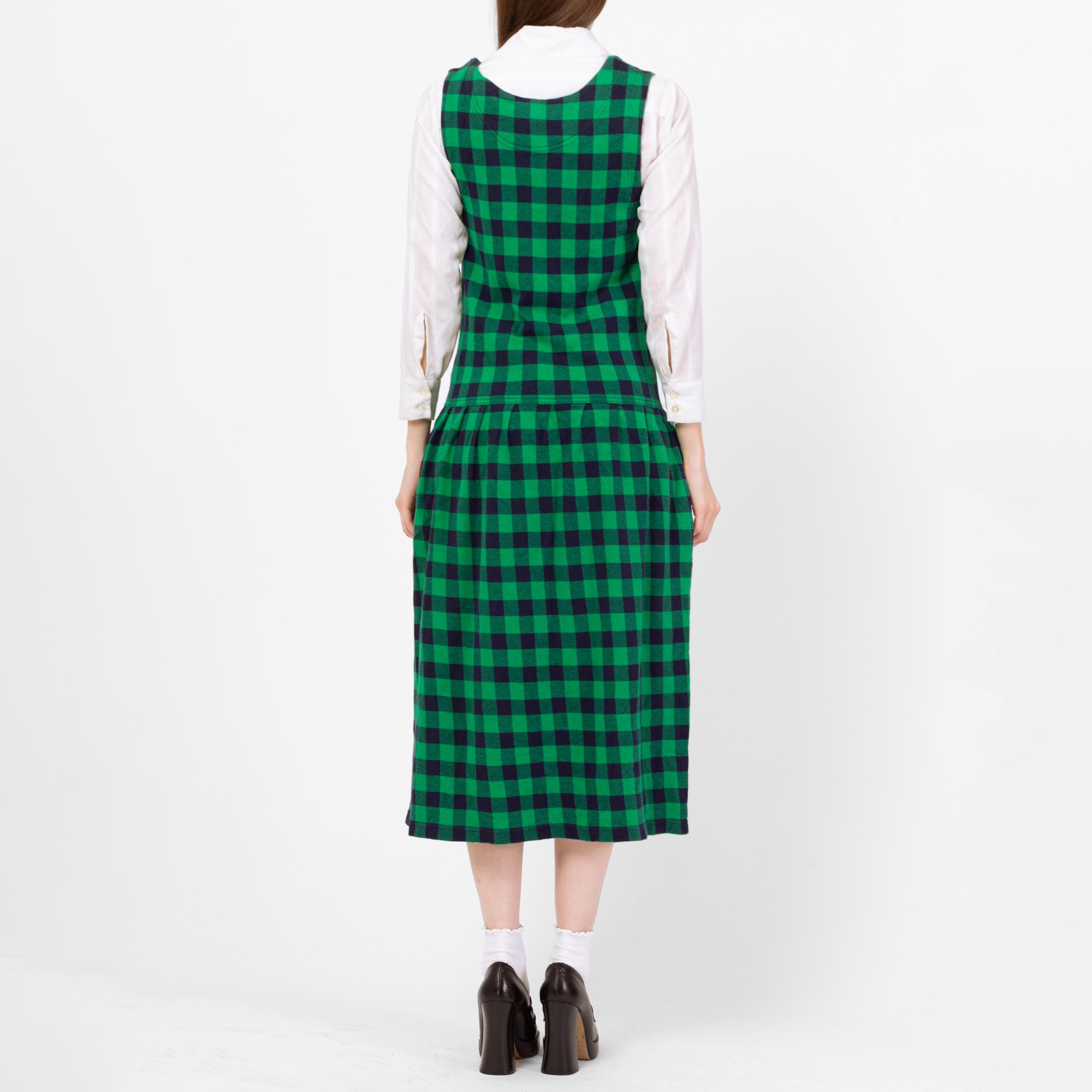 Vintage 90s Izod Green Gingham Pinafore Midi Dress - Small | Preppy Sleeveless Drop Waist Flannel Dress