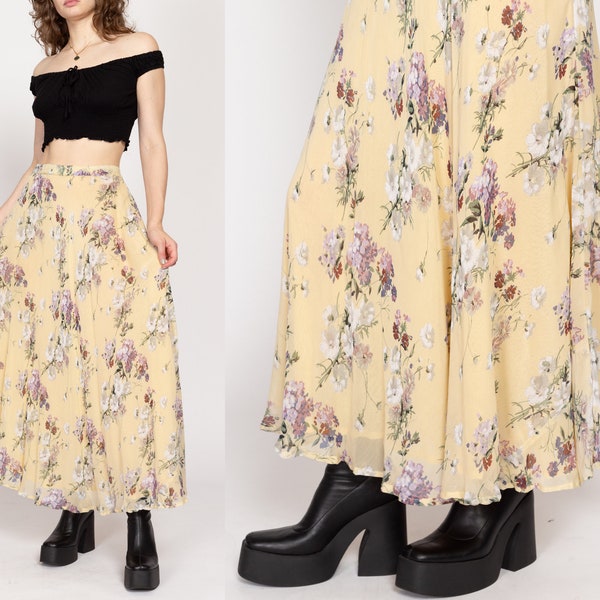 Sm-Med 90s Boho Yellow Floral Rayon Maxi Skirt | Vintage Sheer Elastic Waist Flowy Hippie Skirt