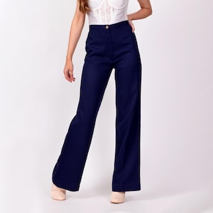 XS 70s Navy Blue High Waisted Pants 24&quot; | Vintage Retro Wide Straight Leg Polyester Trousers