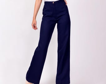 XS 70s Navy Blue High Waisted Pants 24" | Vintage Retro Wide Straight Leg Polyester Trousers
