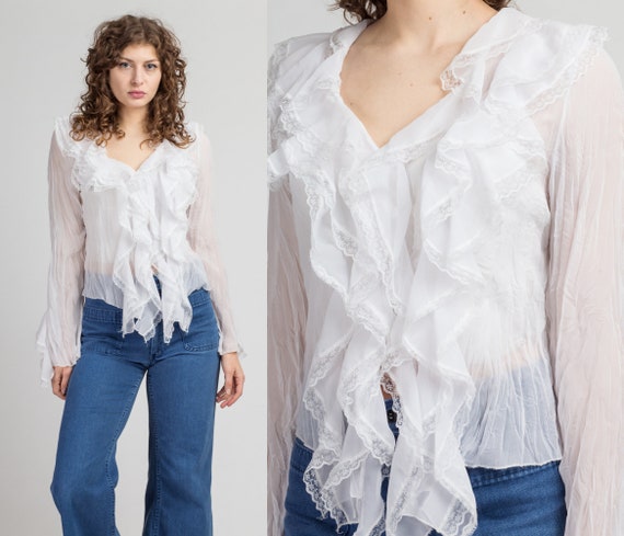 70s White Tuxedo Ruffle Collar Blouse - Large | Vi