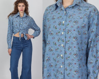 70s Bouquet Floral Chambray Shirt Large | Vintage Boho Blue Button Up Collared Top