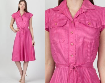 70s Foxy Lady Pink Striped Shirtdress Extra Small | Vintage Fit & Flare Button Up Boho Midi Dress
