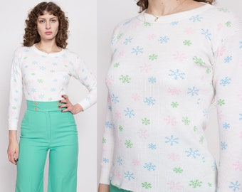 70s Snowflake Waffle Knit Shirt Medium | Vintage Long Sleeve Fitted Thermal Pajama Top