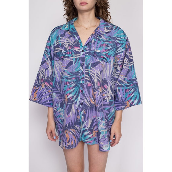 Vintage 80s Leaf Print Blue Shirt L