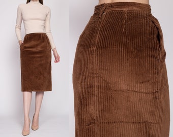 XS 70s Brown Corduroy Midi Skirt 25" | Vintage Plain High Waisted A Line Pencil Skirt