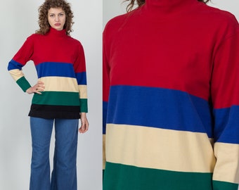 90s Striped Mockneck Sweatshirt Medium | Vintage Oversize Color Block Cotton Long Sleeve Shirt