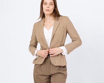 Vintage jaren 80 taupe wollen tweed blazer - extra klein | Preppy colbert met één rij knopen