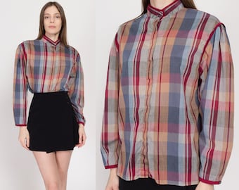 Large Retro 70s Plaid Drop Shoulder Blouse | Vintage Button Up Long Sleeve High Neck Top