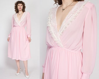 Medium 70s Baby Pink Lace Collar Midi Dress | Vintage Long Sleeve Deep V Neck Retro Secretary Wrap Dress