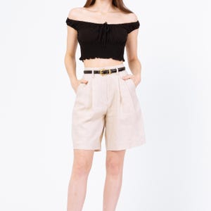 Vintage 90s Oatmeal Linen High Waisted Shorts - Extra Small, 24&quot; Waist | Minimalist Khaki Wide Leg Pleated Long Inseam Shorts