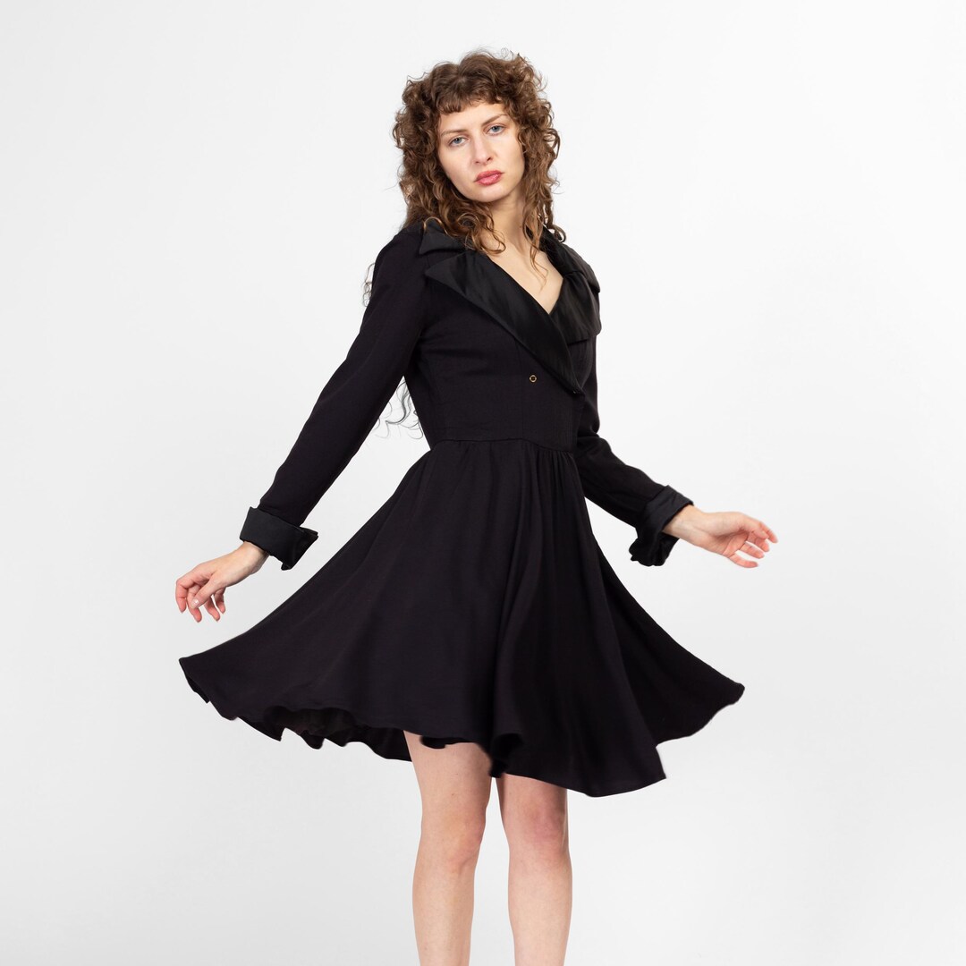 Turn-Down Collar Mesh Flare Sleeve Vintage Party Outfits Women Black Solid Elegant Mini Dress