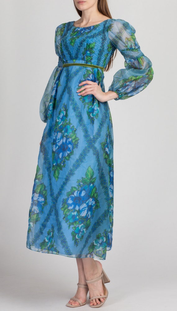 XS 60s Blue Floral Juliet Sleeve Maxi Dress Petit… - image 4