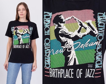 80s New Orleans Birthplace Of Jazz T Shirt Men's Small, Women's Medium | Vintage French Quarter Black Graphic Tourist Tee