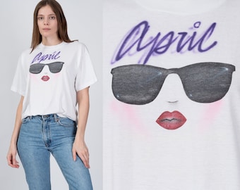 Large 80s April Airbrush T Shirt | Vintage White Sunglasses Graphic Souvenir Tee