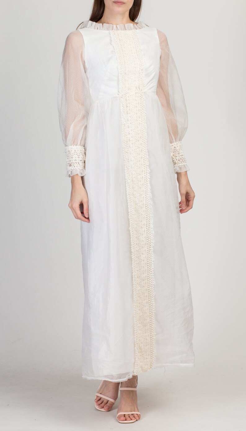 60s 70s Emma Domb White Swiss Dot Maxi Dress, As Is Petite XS Vintage Crochet Trim Boho Empire Waist Gown image 3