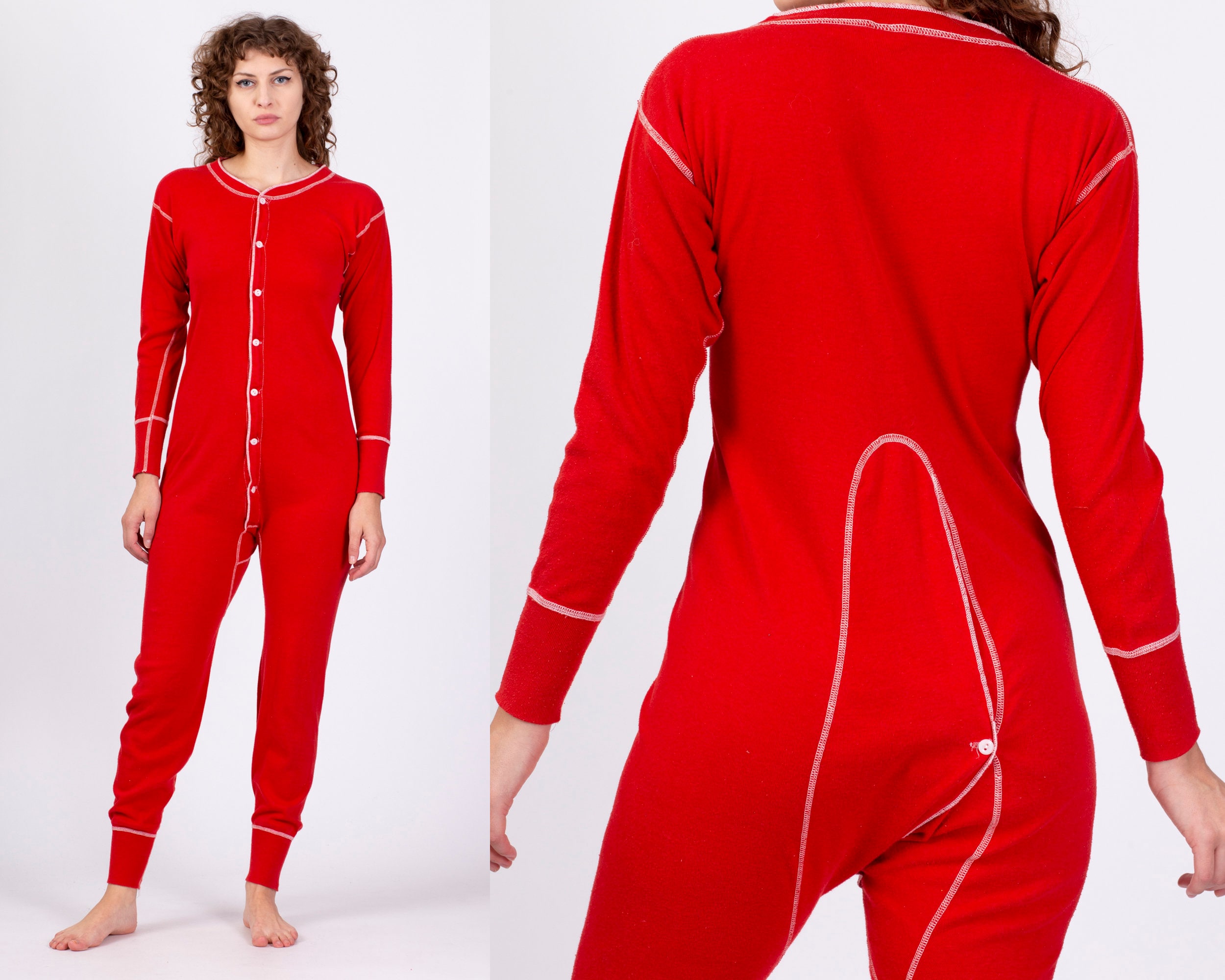 70s Red Long Johns One Piece Pajamas - Men's Small Short, Women's Petite  Medium | Vintage Button Up Sleepwear Jumpsuit