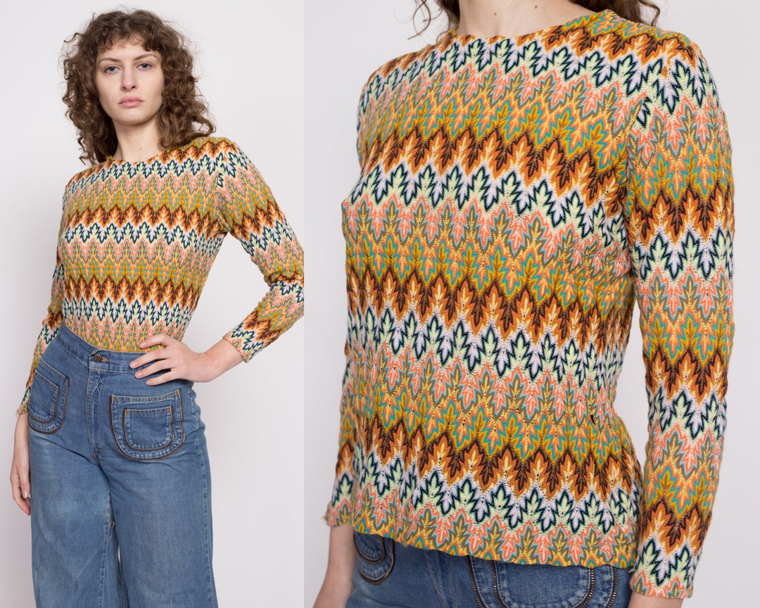 70s Flame Stitch Knit Shirt Medium Vintage Zig Zag Striped Etsy
