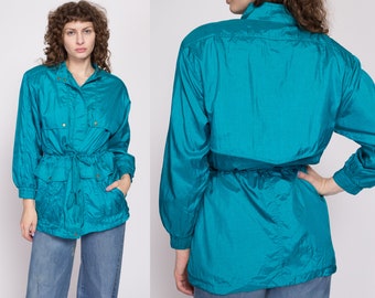 80s Blue Drawstring Waist Windbreaker Jacket Petite Small to Medium | Vintage Lightweight Zip Up Rain Coat