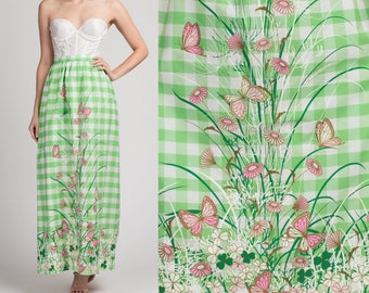 60s 70s Miss Shaheen Butterfly Floral Maxi Skirt Small | Vintage Green Gingham A Line Long Hostess Skirt