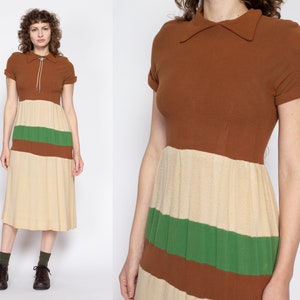 Small 70s Does 40s Color Block Midi Dress Petite Vintage Boho Striped Pointed Collar Jersey Shirtdress image 1