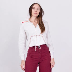 Small 60s 70s Cropped Hoodie Jacket | Vintage White Cotton Contrast Stitch Retro Lightweight Jacket