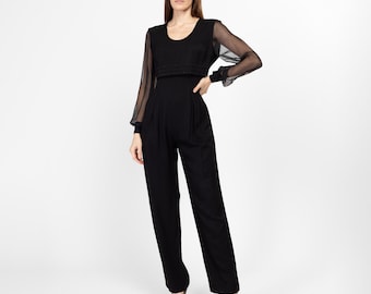 Small 80s Black Sheer Sleeve Beaded Trim Jumpsuit Size 4 | Vintage Scoop Neck Tie Waist Formal Pantsuit