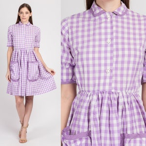 Vintage 1940s Purple Gingham Checkered Day Dress Petite XS 40s 50s Fit & Flare Boho Cotton Mini Dress image 1