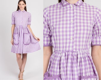Vintage 1940s Purple Gingham Checkered Day Dress Petite XS | 40s 50s Fit & Flare Boho Cotton Mini Dress