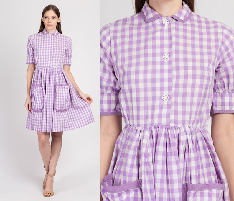 Vintage 1940s Purple Gingham Checkered Day Dress Petite XS 40s 50s Fit & Flare Boho Cotton Mini Dress image 1