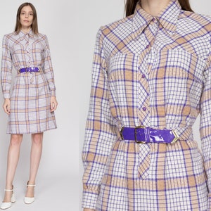 Medium 60s Mod Plaid Belted Shirtdress Vintage Purple White Long Sleeve Knit Mini Dress image 1