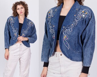 Large 80s Acid Wash Embellished Cropped Jean Jacket | Vintage Studded Soutache Denim Open Fit Jacket
