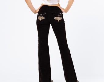 Spodnie Vintage Y2K z czarnego sztruksu z rozszerzanymi kieszeniami i klejnotami - XL | Jeansy Embellished Angels, spodnie bootcut z niskim stanem