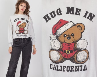 90s "Hug Me In California" Teddy Bear Santa Sweatshirt Medium | Vintage White Slouchy Cropped Christmas Pullover