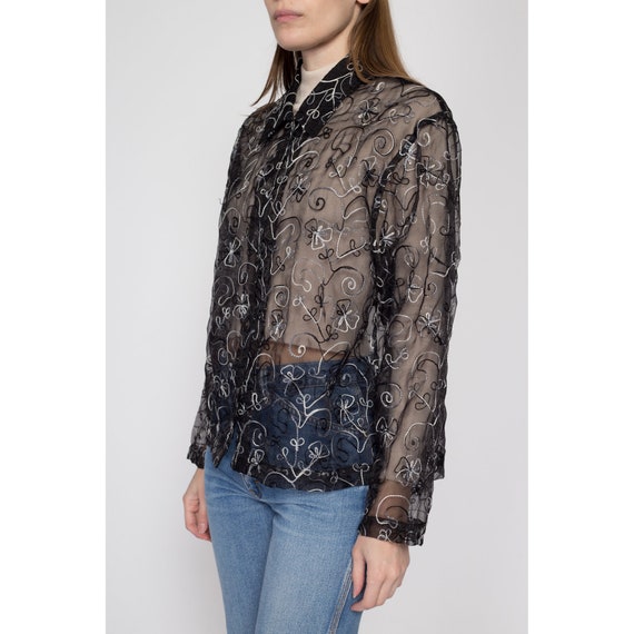 Small 90s Sheer Black Silk Embroidered Blouse | V… - image 5