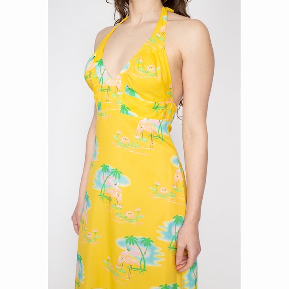 Medium 70s Yellow Flamingo & Palm Tree Print Halter M… - Gem