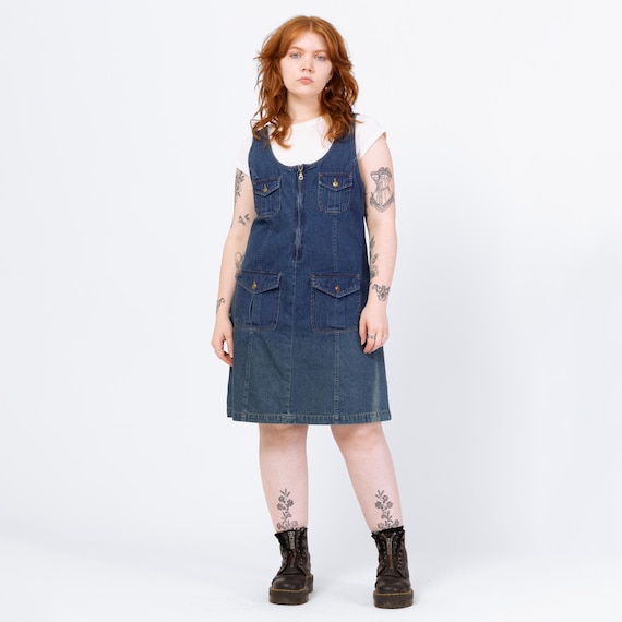Vintage 90s Faded Denim Mini Pinafore Dress - Large