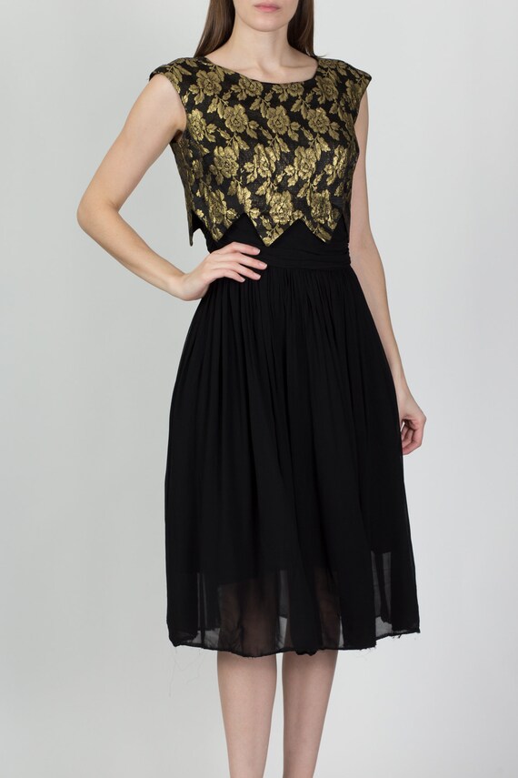 50s 60s Black & Gold Brocade Party Dress Small | … - image 3