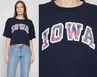 Large 80s University Of Iowa Cropped T Shirt | Vintage Champion Navy Blue Collegiate Graphic Crop Top Tee